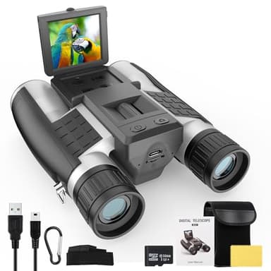 ZZSTAR 12x32 Binoculars with Camera, FMC & BAK4 Prism Lens, Large View, Portable High Powered Binoculars for Adults, 2" LCD Display 5MP 1080P Video Photo Recorder for Bird Watching Sport, Silver - Image 1