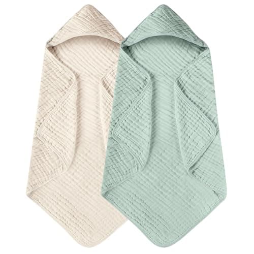 Yoofoss Hooded Baby Towels for Newborn 2 Pack 100% Muslin Organic Cotton Baby Bath Towel with Hood for Babies, Infant, Toddler and Kids, 32x32Inch, Soft and Absorbent Newborn Essential,Apricot&Green - Image 1