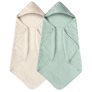 Yoofoss Hooded Baby Towels for Newborn 2 Pack 100% Muslin Organic Cotton Baby Bath Towel with Hood for Babies, Infant, Toddler and Kids, 32x32Inch, Soft and Absorbent Newborn Essential,Apricot&Green - Image 1