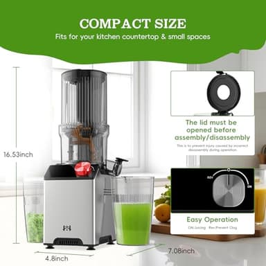 WHUTO Cold Press Juicer, Juicer Machines with 4.35'' Wide Feed Chute, Stainless Steel Masticating Juicers Easy to Clean, Ergonomic Operational Panel Design, High Juice Yield, Red Knob - Image 6