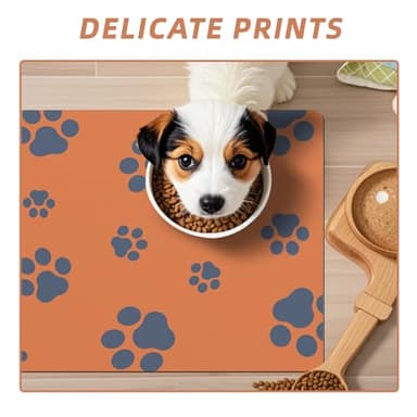 18"×30" Dog Food Mat-Absorbent Dog Mat for Food and Water, No Stains Quick Dry Cat Dog Food Bowl Mat Non Skid Dog Feeding Mat with Footprints for Messy Drinkers Orange - Image 2