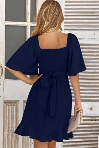 Dokotoo Womens Navy Blue Dresses Summer Wrap V Neck Short Sleeve Smocked Elastic Waist Tiered Belted Ruffle Hem Mini Dress Sexy Holiday Dresses for Women Graduation Dress L - Image 2