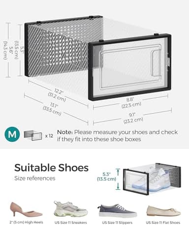 SONGMICS Shoe Boxes, Pack of 12 Shoe Storage Organizers, Stackable Clear Plastic Boxes for Closet, Sneakers, 13.1 x 9.1 x 5.6 Inches, Transparent and Black ULSP006B12 - Image 3