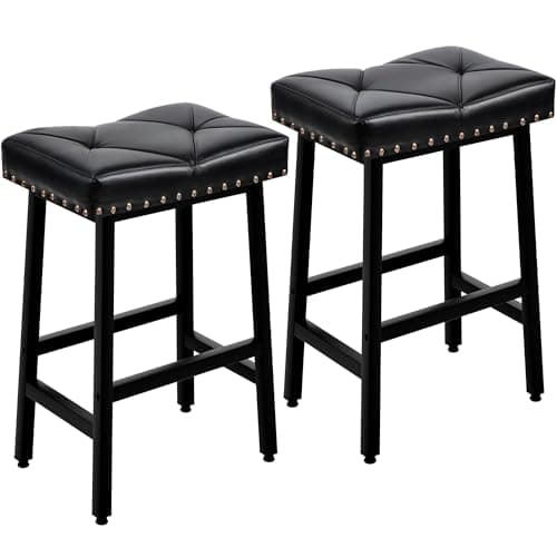 VECELO 25 inch Counter Height Stools for Kitchen Island, 3.3'' Thick PU Upholstered Saddle Seats, Backless Bar Chairs with Metal Base, Black - Image 1