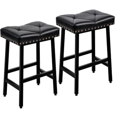 VECELO 25 inch Counter Height Stools for Kitchen Island, 3.3'' Thick PU Upholstered Saddle Seats, Backless Bar Chairs with Metal Base, Black - Image 1