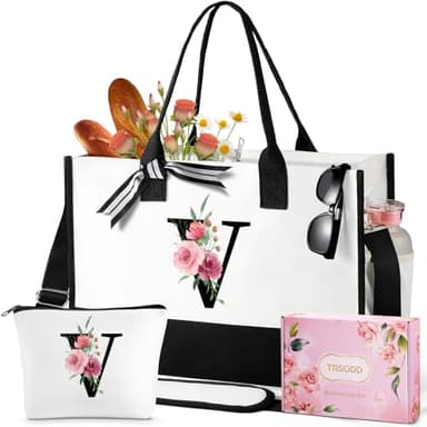 TRSODD Birthday Gifts for Women Mothers Day Gifts for Mom Wife Grandma Daughter Sister Teacher Appreciation Gifts Initial Tote Bag with Adjustable Shoulder Strap and Makeup Bag V - Image 1
