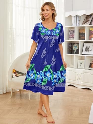 udforsk Moo Moos for Women House Dresses for Women with Pockets Mumu Duster Housecoat Short Sleeve Patio Dress Blue Flower M - Image 3