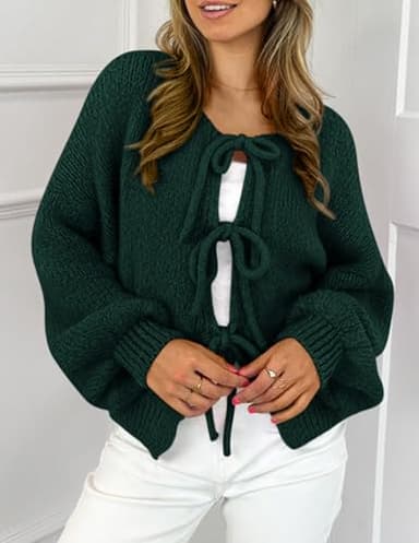 PRETTYGARDEN Women's Tie Front Bow Cardigan Sweaters Chunky Knit Long Puff Sleeve Trendy Fall Winter Jacket Coats (Dark Green,Medium) - Image 4