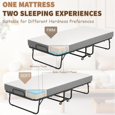 75" x 38" Folding Bed with Mattress for Adults, Portable Rollaway Single Beds with Memory Foam Mattress & Super Strong Frame, Convenient Foldable Roll Away Bed for Storage - Image 7