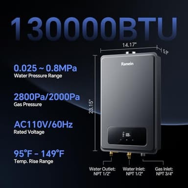 Ranein Natural Gas Tankless Water Heater, Indoor Max 5.3 GPM, 130,000 BTU Instant Hot Water Heater - Image 5