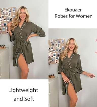 Ekouaer Women Robes Waffle Knee Length Bathrobe Lightweight Soft Sleepwear V neck 3/4 Sleeve Casual Ladies Loungewear Army Green M - Image 3