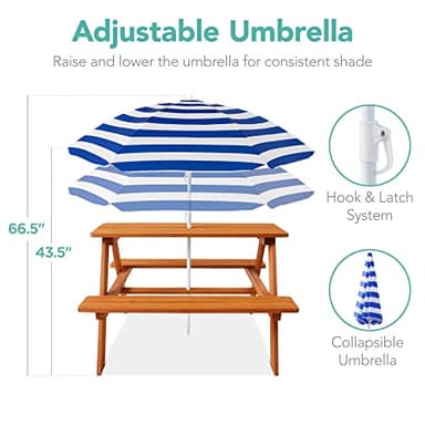 Best Choice Products Kids Wooden Picnic Table, Outdoor Activity & Dining Table w/Adjustable Collapsible Umbrella, Built-in Seats - Golden Brown/Navy - Image 7