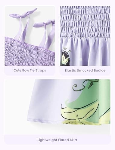 Disney Princess Tiana Snow White Toddler Girl Dress Bow Strap Floral Summer Clothes Smocking Beach Holiday Girls Sundress Lilac 4-5T - Image 5
