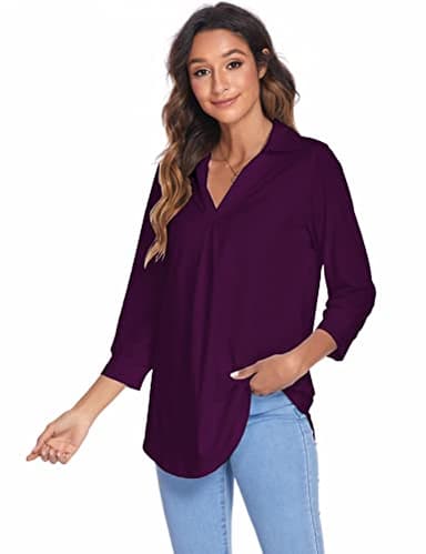 Newchoice Womens V Neck 3/4 Sleeve Shirts Business Casual Tops Ladies Stylish Work Blouses Dressy Loose Fit Tunic Tops (Dark Purple, XL) - Image 9