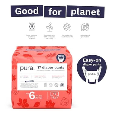 Pura Hypoallergenic Diaper Pants Size 6 (33+ lbs) Overnight, up to 12 Hours Leak Protection, Suitable for Sensitive Skin, Totally Chlorine Free, Soft Organic Cotton, 3 Packs of 17 (51 Pull Up Pants) - Image 5