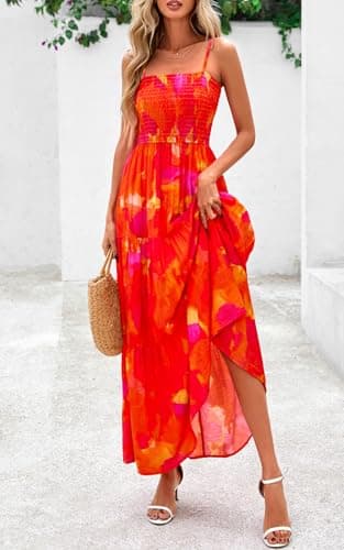 PRETTYGARDEN Summer Dresses for Women 2025 Spaghetti Strap Floral Maxi Dress Sleeveless Smocked Tiered Long Beach Sundress (Orange Red Flower,XXL) - Image 4