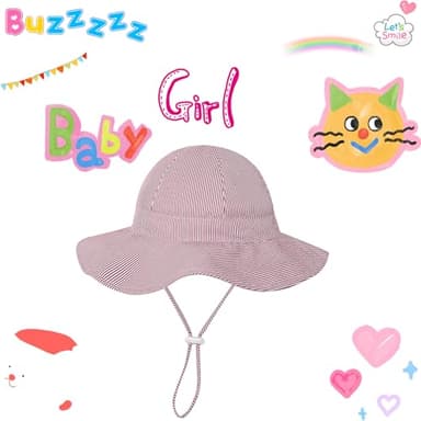 EAU LAYAMEN Baby Girl Sun Hat Infant Summer Beach Hats with UPF 50+ Toddler with Wide Brim Strap Outdoor Bucket Hat Burgundy Stripe 12-24 Months - Image 3
