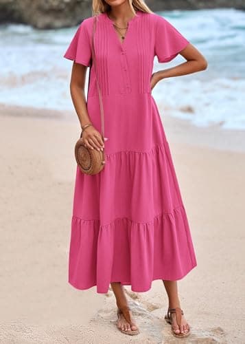 KIRUNDO Summer Maxi Dresses for Women 2025 Spring Fashion Short Sleeve Button V Neck Pleated Loose Tiered Swing Flowy Dress(Rose Red, X-Large) - Image 7