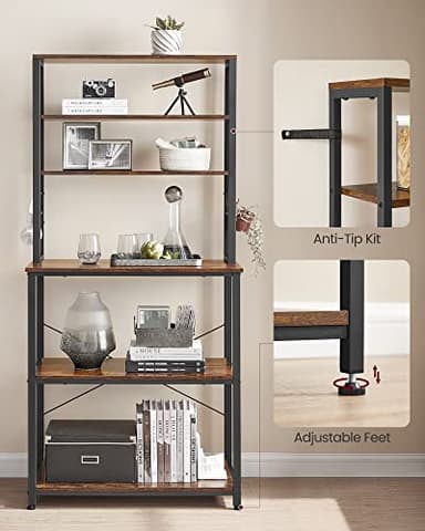 VASAGLE Coffee Bar, 31.5 Inches Baker's Rack for Kitchen with Storage, 6-Tier Kitchen Shelves with 6 Hooks, Microwave Stand, Industrial, Rustic Brown and Black UKKS019B01 - Image 9