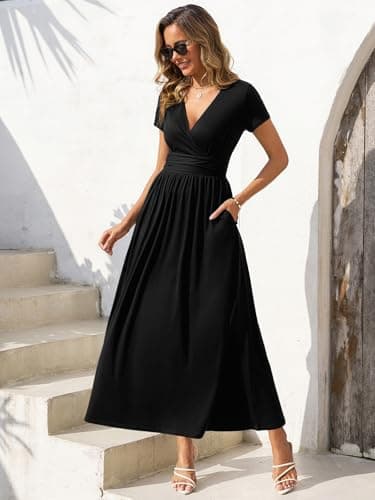 Gracyoga Women's 2025 Trendy Fall Dress Elegant Wrap Dresses for Women Curvy Smocked Vintage A Line Sundresses Vacation Outfit XL Black - Image 2