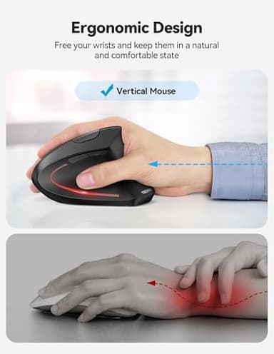 TECKNET Ergonomic Mouse, Rechargeable 2.4G+Bluetooth Vertical Mice 6 DPI Adjustable, Wireless Optical Carpal Tunnel Mouse for Right Hand, Silent 6 Buttons for Laptop, PC, MacBook, iPad - Black - Image 6