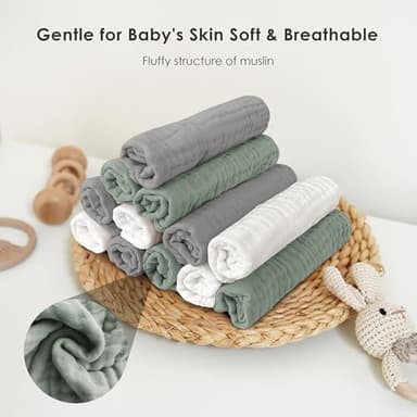 Sunny zzzZZ Muslin Burp Cloths for Baby 100% Cotton Burping Cloths for Unisex, Boy, Girl - Large 20'' by 10'' Newborn Essentials Ultra Soft Absorbent Milk Spit Up Rags - 12 Pack - White+Green+Grey - Image 4