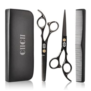 CIICII Hair Cutting Scissors Shears Kit, Professional Hairdressing Scissors Set (Hair Beard Trimming Shaping Grooming Thinning Shears) for Men Women Hairdresser Home Salon Barber Haircut Kit (Black) - Image 1