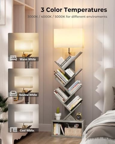 Evermagin 6 Tier Tree Bookshelf with Light, Narrow Bookcase Tower, Tall Floor Standing Book Shelf Organizer with Storage Cabinet for Living Room, Bedroom and Home Office, Gray - Image 4