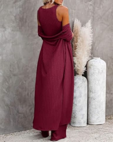 Fessceruna Womens 3 Piece Lounge Sets Pajamas Knit Long Sleeve Cardigan Crop Top Wide Leg Pants Loungewear Set A-wine Red - Image 4