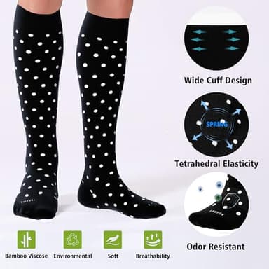 LEVSOX Viscose Made from Bamboo Compression Socks for Women&Men 20-30 mmHg Knee High Fun Cute Graduated Support Socks for Nurses, Pregnant Women, Travel and Flight, Medical, Black, Stripe, Polka Dots - Image 3