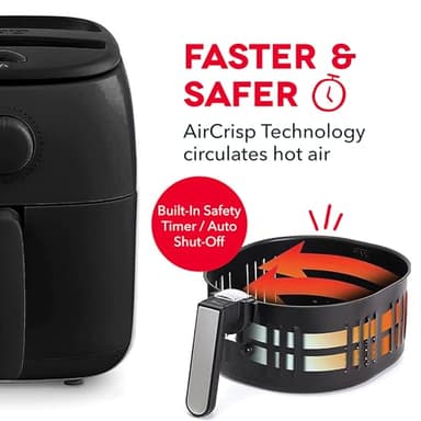 DASH Tasti-Crisp™ Electric Air Fryer Oven, 2.6 Qt., Black – Compact Air Fryer for Healthier Food in Minutes, Ideal for Small Spaces - Auto Shut Off, Analog, 1000-Watt - Image 8