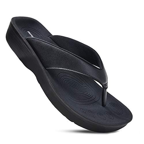 AEROTHOTIC Slip On Recovery Footwear Plantar Fasciitis Flip Flops for Women Yoga Mat Outdoor Walking Beach Ladies Arch Support Summer Thong Dressy Casual Sandals Pearly Black, Size 9 - Image 1