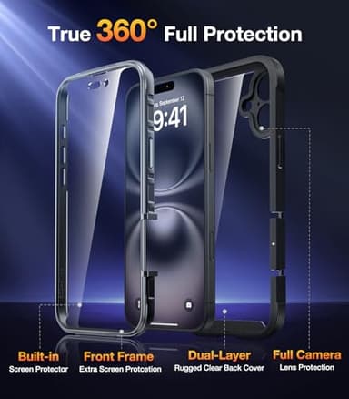 Diaclara Designed for iPhone 16 Case, Full Body Rugged Case with Built-in Touch Sensitive Anti-Scratch Screen Protector, with Camera Protection for iPhone 16 6.1" (Black) - Image 2