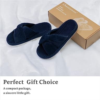 Chantomoo Slippers for Women Memory Foam House Bedroom Corduroy Bow Crossbands Slide Slipper Shoes Comfy Trendy Gift Slippers Navy Blue Size7 8 6.5 - Image 4