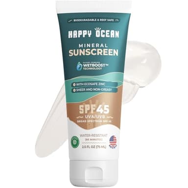 Happy Ocean SPF 45 Biodegradable Reef Safe Sunscreen for Face & Body, Non-Nano Zinc Oxide, Natural Fragrance Free Non Toxic Organic Mineral Sunscreen, Travel Size Reef Friendly Mineral Based 2.5 Fl Oz - Image 1