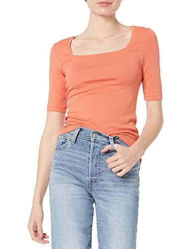 Amazon Essentials Women's Slim-Fit Half Sleeve Square Neck T-Shirt, Rust Orange, Small - Image 1