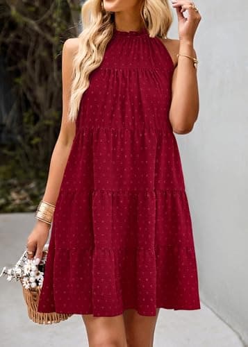 KIRUNDO Womens Summer Dresses 2025 Casual Halter Sundress Sleeveless Flowy Mini Babydoll Tiered Pleated Beach Dress(Dot-Wine Red, Large) - Image 3