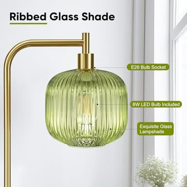 QiMH Glass Floor Lamp for Living Room, Modern Standing Lamp with Ribbed Glass Lampshade Pedal Switch, 67” Tall Lamp for Bedroom Study Room, Brushed Gold (2700K LED Bulb Included) - Image 3