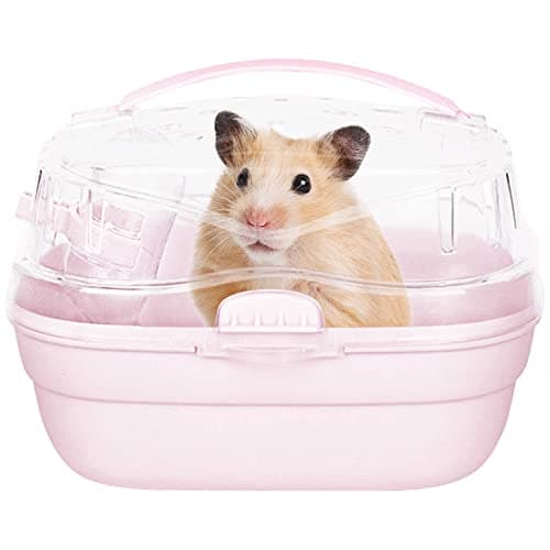KAMEIOU Pink Travel Portable Small Animals Hamster Hedgehog Guinea Pig Carrier Cage for Hamsters Hedgehogs Ferret Guinea Pig Carrier Cage with Handle Breathable Transparent Lid Small Animal Carriers - Image 1