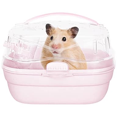 KAMEIOU Pink Travel Portable Small Animals Hamster Hedgehog Guinea Pig Carrier Cage for Hamsters Hedgehogs Ferret Guinea Pig Carrier Cage with Handle Breathable Transparent Lid Small Animal Carriers - Image 1