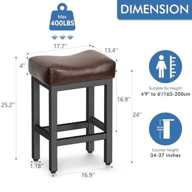 Raynesys Counter Height Bar Stools Set of 2, 24 Inch Barstools for Kitchen Island Counter, Bonded Leather Kitchen Stools with Thick Saddle Seats & Heavy Duty Metal Base, Easy Assembly, Brown/Black - Image 2