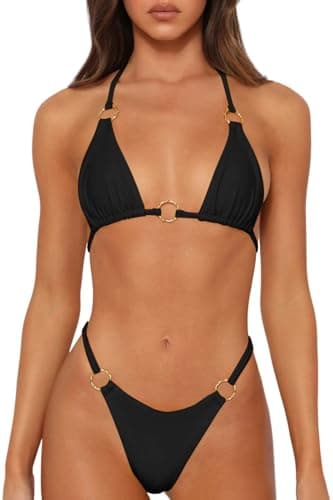 MIKETAI Sexy Bikinis for Women 2 Piece Bikini Spaghetti Strap Swimsuits Solid Color Bathing Swimwear Triangle Bathing Suit (US, Alpha, Medium, Regular, Regular, Black) - Image 1