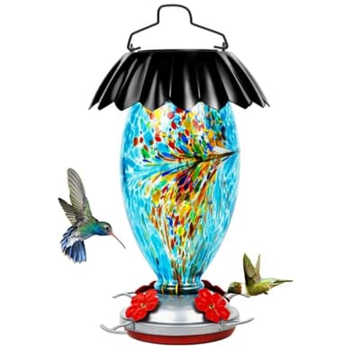 Solar Hummingbird Feeder for Outdoors Hanging Colorful Lighting 32 Oz Hand Blown Glass Hummingbird Feeder for Garden Decoration with Accessories (Blue) - Image 1