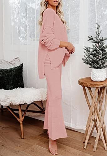 Pink Queen Women's 2 Piece Knit Sweatsuit Oversized Loose Knit Sweater Matching Loungewear Set Pink M - Image 3