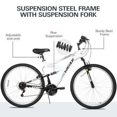 WEIZE Mountain Bike, 27.5 inch Outdoor Cycling Bike,18-Speed/High-Carbon Steel/Dual Full Suspension, Adjustable Ergonomic Seat for Men Women Adult, MTB Bicycle with Suspension Fork (White) - Image 3