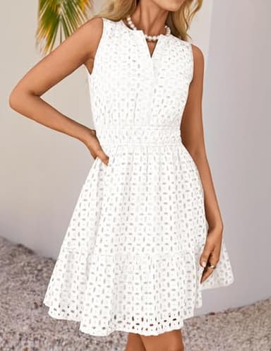 ZESICA Women's Summer Sleeveless Mini Dress V Neck Hollow Out Eyelet High Waist A Line Swing Short Party Dresses,White,Medium - Image 7