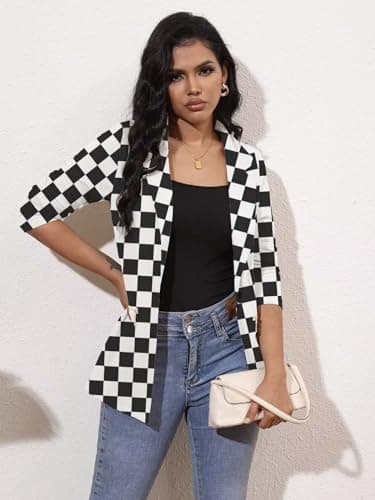 Genhoo Womens Work Casual Plaid Jackets Long Sleeve Business Suit Jacket Boyfriend Blazer Black and White Plaid Medium - Image 4