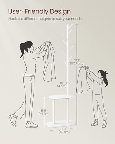 VASAGLE Coat Rack, Free Standing Coat Stand, Hall Coat Tree with 8 Hooks and Storage Shelf, 67.2 Inch Tall, for Coats, Hats, Bags, for Entryway, Hallway, Bedroom, Cloud White URCR040W01 - Image 6