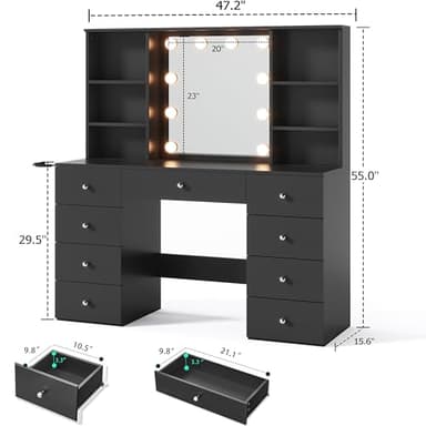 LINSY HOME Vanity with Storage, Black Makeup Vanity with Mirror and Lights, 47" Make Up Vanity Desk with Drawers, Shelves & Charging Station, Modern Large Vanity Table for Bedroom, Women, Girls - Image 3