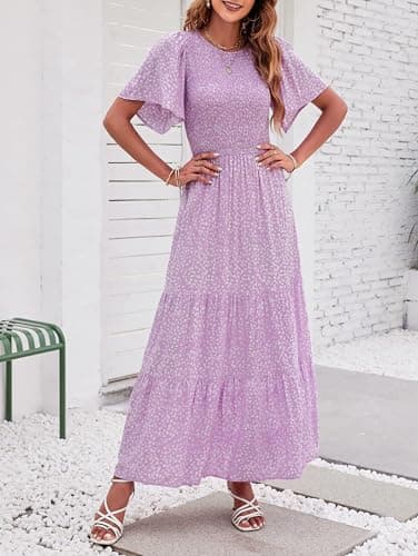ZESICA Women's 2025 Summer Casual Floral Print Short Flutter Sleeve Crew Neck Smocked High Waist Flowy Maxi Dress,Purple,Medium - Image 2